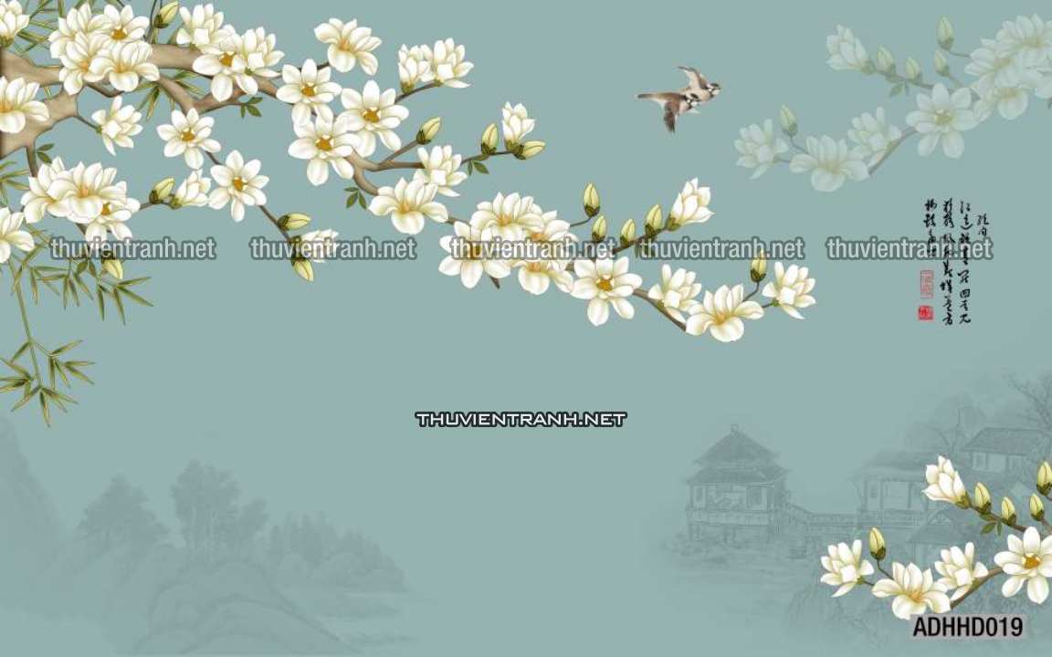 Tranh hoa đào, hoa mộc lan, phong cách trang trí Trung Quốc, Indochiserrie - Kết quả tìm kiếm tranh tường