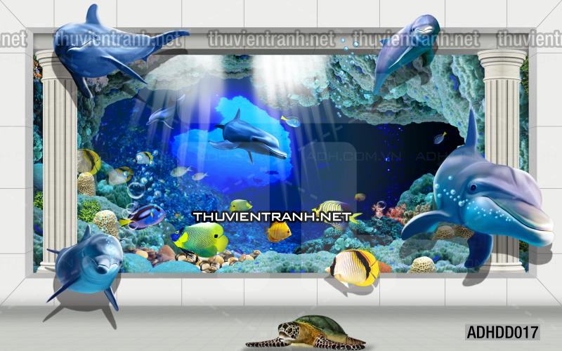 Tranh 3D cảnh dưới đáy Đại Dương xanh, tranh dán tường trang trí sinh vật Biển - Tranh tường chất lượng cao