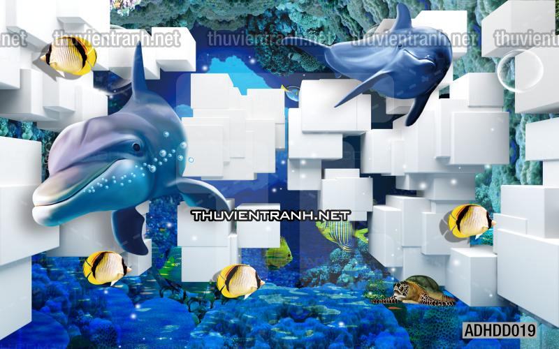 Tranh 3D cảnh dưới đáy Đại Dương xanh, tranh dán tường trang trí sinh vật Biển - Tranh tường chất lượng cao