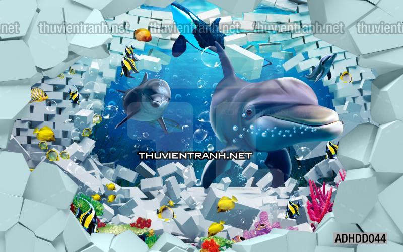 Tranh 3D cảnh dưới đáy Đại Dương xanh, tranh dán tường trang trí sinh vật Biển - Tranh tường chất lượng cao