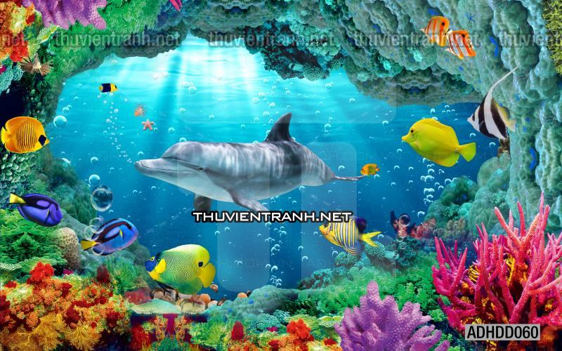 Tranh 3D cảnh dưới đáy Đại Dương xanh, tranh dán tường trang trí sinh vật Biển - Tranh tường chất lượng cao