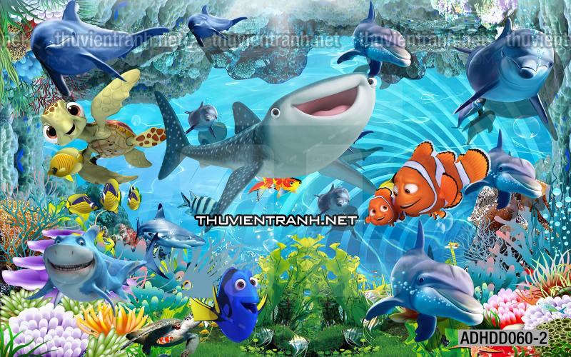 Tranh 3D cảnh dưới đáy Đại Dương xanh, tranh dán tường trang trí sinh vật Biển - Tranh tường chất lượng cao