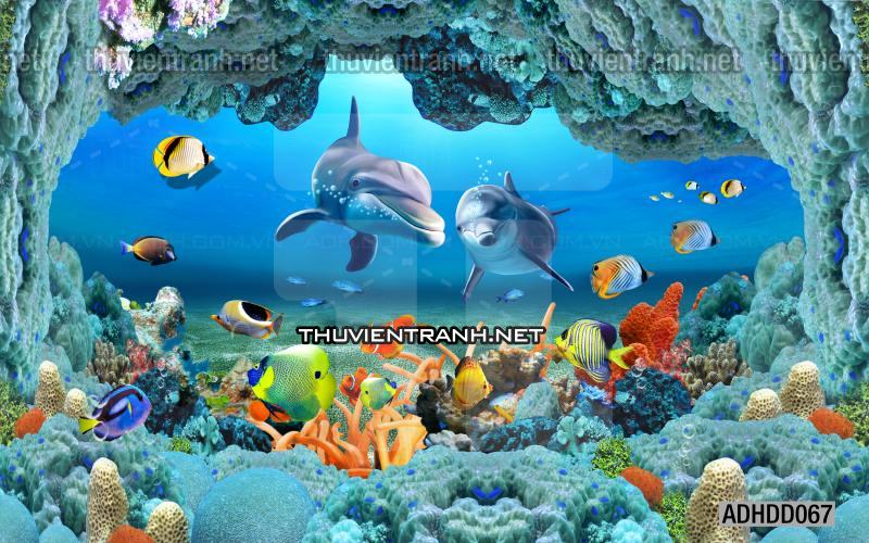 Tranh 3D cảnh dưới đáy Đại Dương xanh, tranh dán tường trang trí sinh vật Biển - Tranh tường chất lượng cao
