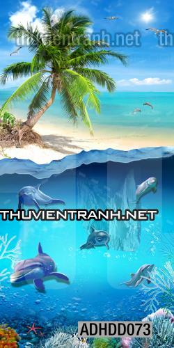 Tranh 3D cảnh dưới đáy Đại Dương xanh, tranh dán tường trang trí sinh vật Biển - Tranh tường chất lượng cao
