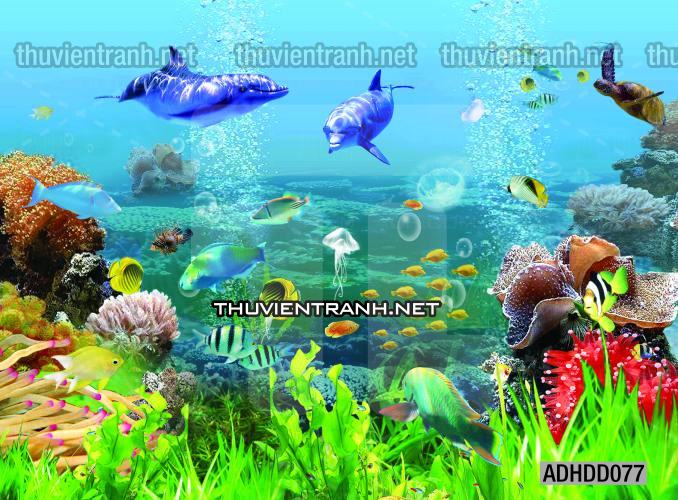 Tranh 3D cảnh dưới đáy Đại Dương xanh, tranh dán tường trang trí sinh vật Biển - Tranh tường chất lượng cao