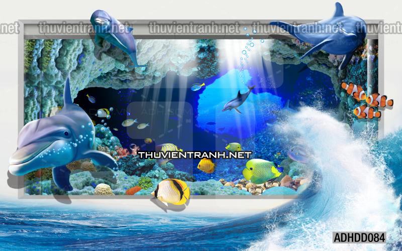 Tranh 3D cảnh dưới đáy Đại Dương xanh, tranh dán tường trang trí sinh vật Biển - Tranh tường chất lượng cao