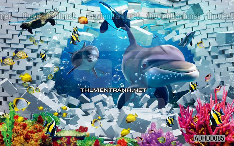 Tranh 3D cảnh dưới đáy Đại Dương xanh, tranh dán tường trang trí sinh vật Biển - Tranh tường chất lượng cao