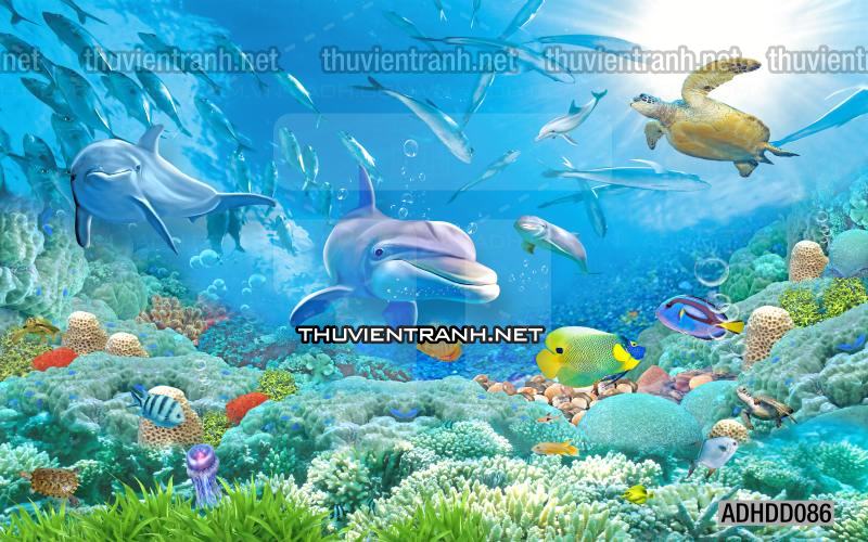 Tranh 3D cảnh dưới đáy Đại Dương xanh, tranh dán tường trang trí sinh vật Biển - Tranh tường chất lượng cao