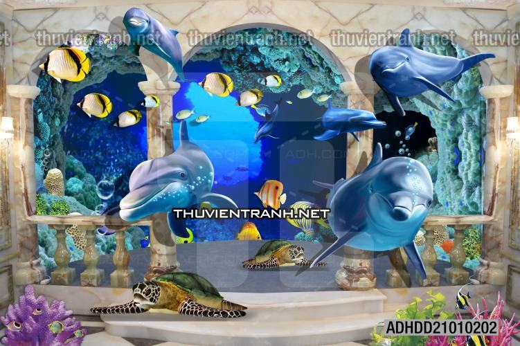 Tranh 3D cảnh dưới đáy Đại Dương xanh, tranh dán tường trang trí sinh vật Biển - Tranh tường chất lượng cao