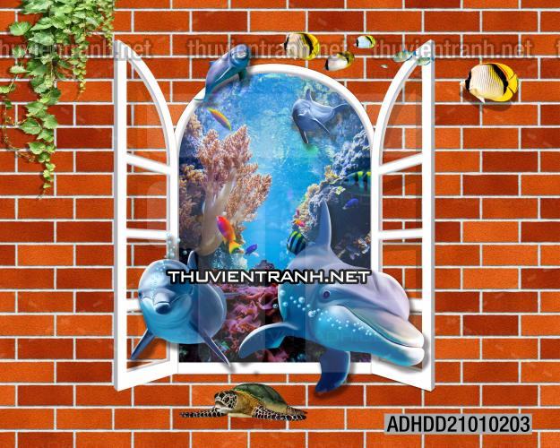 Tranh 3D cảnh dưới đáy Đại Dương xanh, tranh dán tường trang trí sinh vật Biển - Tranh tường chất lượng cao