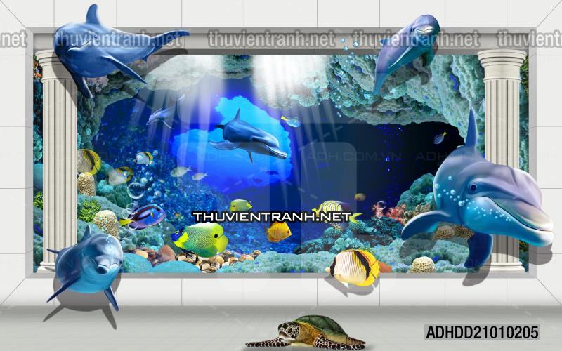 Tranh 3D cảnh dưới đáy Đại Dương xanh, tranh dán tường trang trí sinh vật Biển - Tranh tường chất lượng cao
