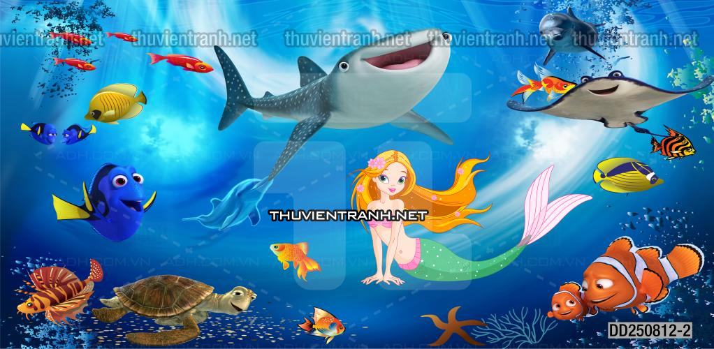 Tranh 3D cảnh dưới đáy Đại Dương xanh, tranh dán tường trang trí sinh vật Biển - Tranh tường liên quan