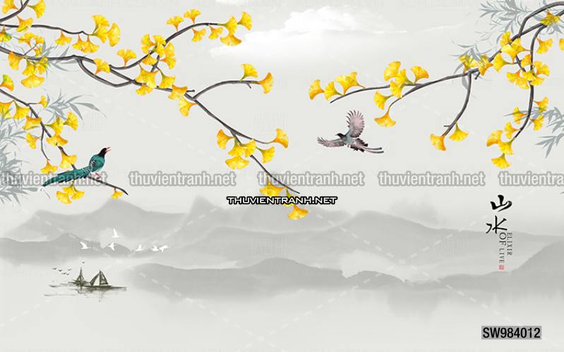 Hoa Đào, Hoa Mộc Lan, phong cách trang trí Chinoiserier, Tranh vẽ hoa Trung Quốc - Tranh tường chất lượng cao