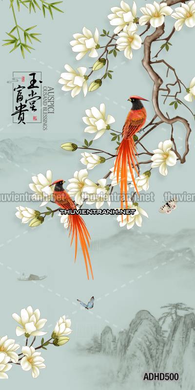 Hoa khổ đứng, hoa đào, hoa mộc lan trang trí (Phong cách Chinoiserier) - Kết quả tìm kiếm tranh tường
