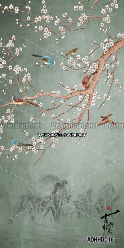 Hoa khổ đứng, hoa đào, hoa mộc lan trang trí (Phong cách Chinoiserier) - Kết quả tìm kiếm tranh tường