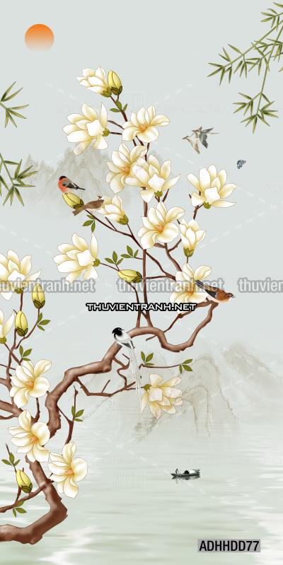  Hoa khổ đứng, hoa đào, hoa mộc lan trang trí (Phong cách Chinoiserier) - Kết quả tìm kiếm tranh tường