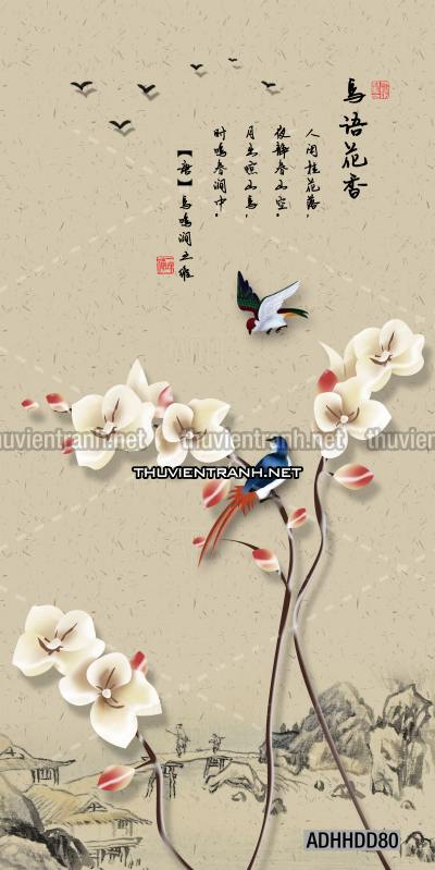 Hoa khổ đứng, hoa đào, hoa mộc lan trang trí (Phong cách Chinoiserier) - Kết quả tìm kiếm tranh tường