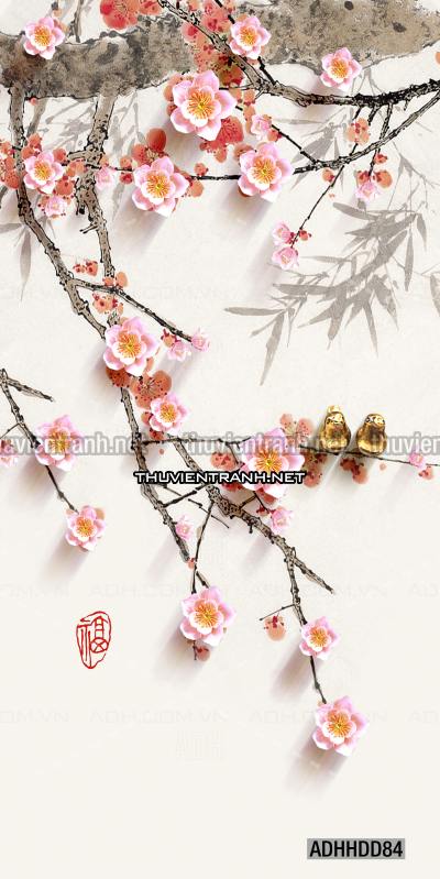  Hoa khổ đứng, hoa đào, hoa mộc lan trang trí (Phong cách Chinoiserier) - Kết quả tìm kiếm tranh tường