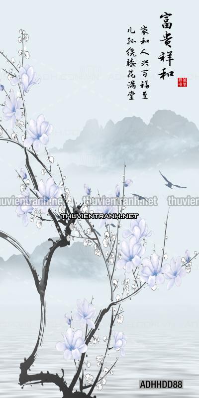  Hoa khổ đứng, hoa đào, hoa mộc lan trang trí (Phong cách Chinoiserier) - Kết quả tìm kiếm tranh tường