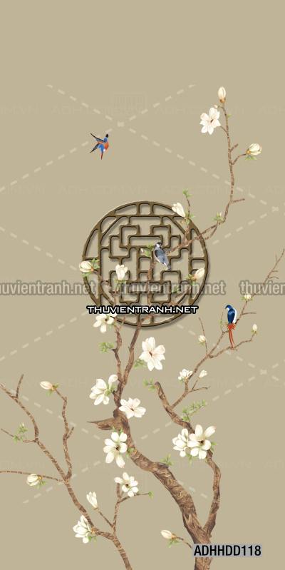  Hoa khổ đứng, hoa đào, hoa mộc lan trang trí (Phong cách Chinoiserier) - Tranh tường chất lượng cao