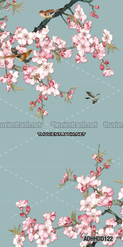  Hoa khổ đứng, hoa đào, hoa mộc lan trang trí (Phong cách Chinoiserier) - Tranh tường chất lượng cao