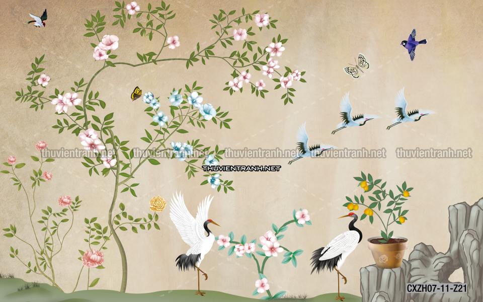 Hoa Đào, Hoa Mộc Lan, phong cách trang trí Chinoiserier, Tranh vẽ hoa Trung Quốc - Tranh tường chất lượng cao