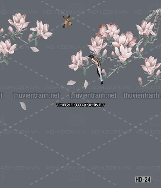 Hoa Đào, Hoa Mộc Lan, phong cách trang trí Chinoiserier, Tranh vẽ hoa Trung Quốc - Tranh tường chất lượng cao