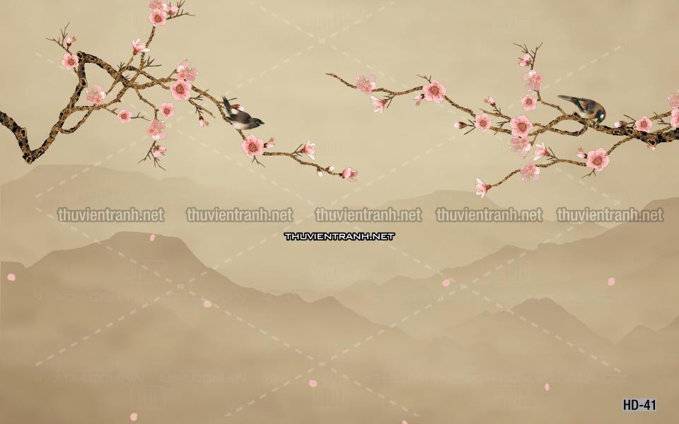 Hoa Đào, Hoa Mộc Lan, phong cách trang trí Chinoiserier, Tranh vẽ hoa Trung Quốc - Tranh tường chất lượng cao