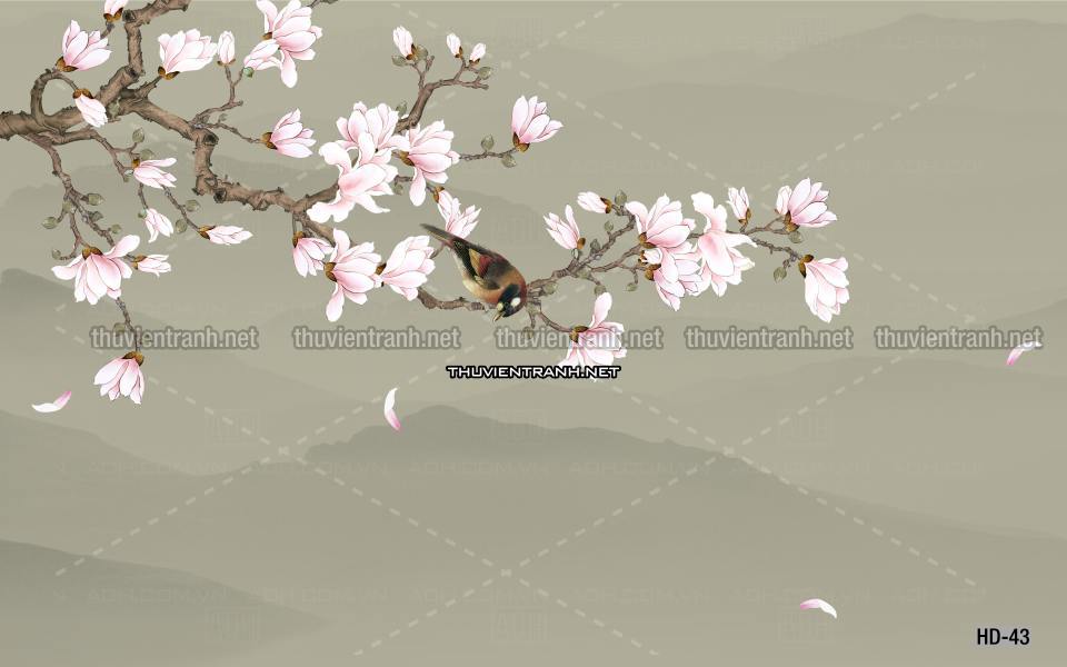 Hoa Đào, Hoa Mộc Lan, phong cách trang trí Chinoiserier, Tranh vẽ hoa Trung Quốc - Tranh tường chất lượng cao
