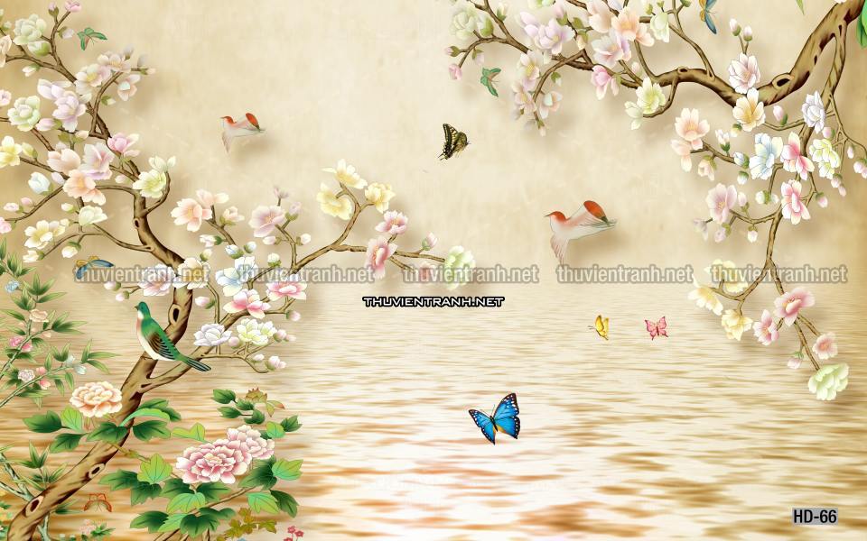 Hoa Đào, Hoa Mộc Lan, phong cách trang trí Chinoiserier, Tranh vẽ hoa Trung Quốc - Tranh tường chất lượng cao