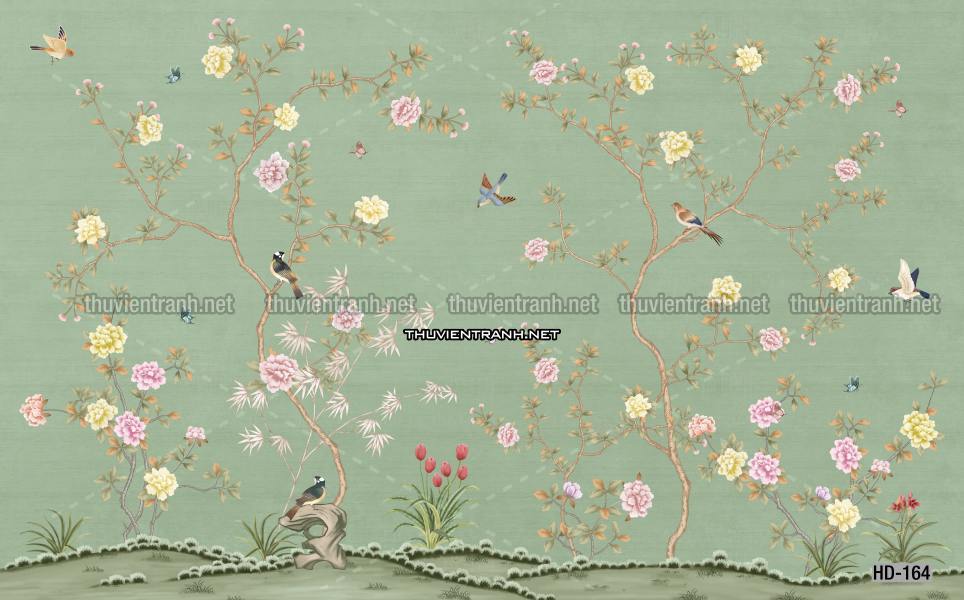 Hoa Đào, Hoa Mộc Lan, phong cách trang trí Chinoiserier, Tranh vẽ hoa Trung Quốc - Tranh tường chất lượng cao