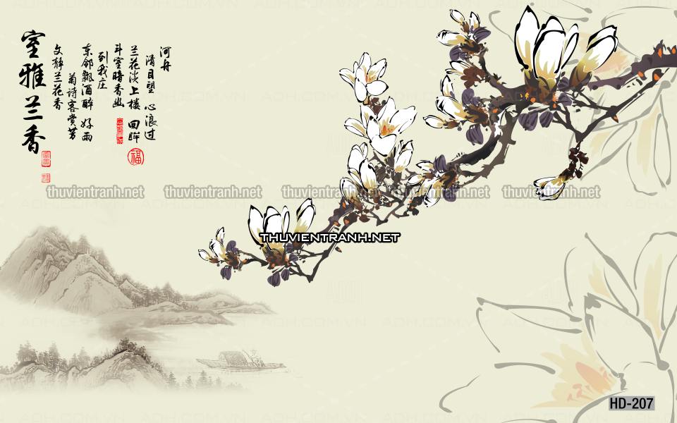 Hoa Đào, Hoa Mộc Lan, phong cách trang trí Chinoiserier, Tranh vẽ hoa Trung Quốc - Tranh tường chất lượng cao