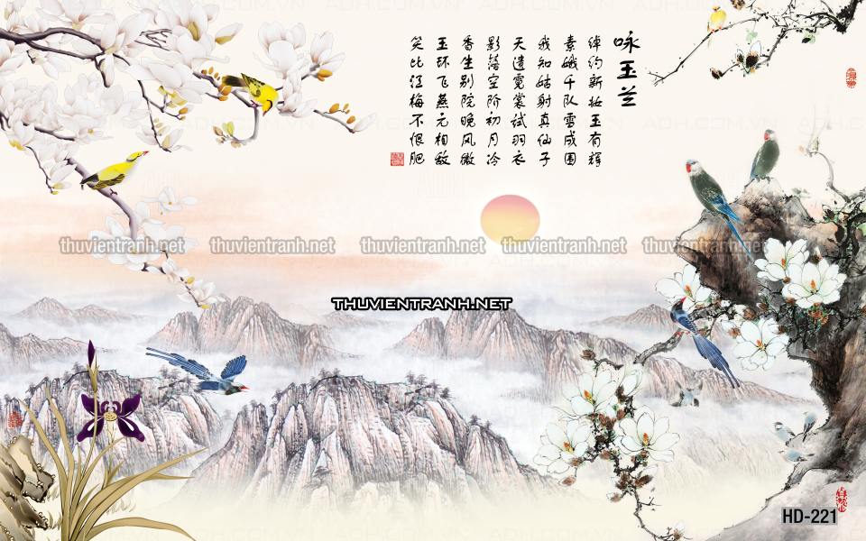 Hoa Đào, Hoa Mộc Lan, phong cách trang trí Chinoiserier, Tranh vẽ hoa Trung Quốc - Tranh tường chất lượng cao