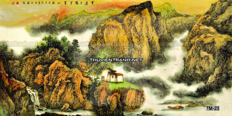 Tranh phong cảnh vẽ tay Trung Quốc, Thủy mặc, Màu nước, Tranh khổ rộng, tranh sơn thủy - Tranh tường chất lượng cao