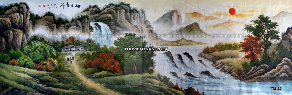 Tranh phong cảnh vẽ tay Trung Quốc, Thủy mặc, Màu nước, Tranh khổ rộng, tranh sơn thủy - Tranh tường chất lượng cao