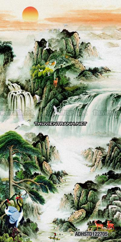 Tranh thủy mặc Trung Hoa, tranh màu nước Trung Quốc khổ đứng - Tranh tường chất lượng cao