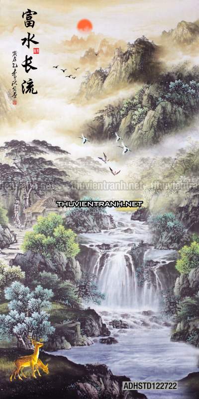 Tranh thủy mặc Trung Hoa, tranh màu nước Trung Quốc khổ đứng - Tranh tường chất lượng cao