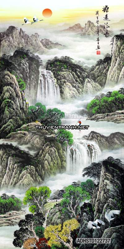 Tranh thủy mặc Trung Hoa, tranh màu nước Trung Quốc khổ đứng - Tranh tường chất lượng cao