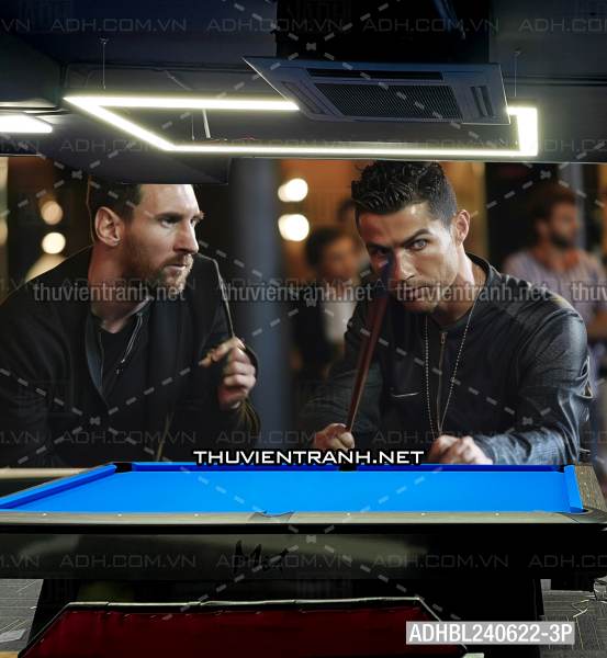  Messi và Ronaldo chơi Bi-a - Tranh tường chất lượng cao