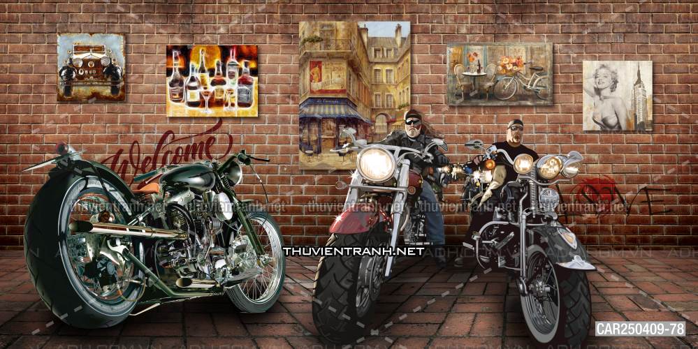 Tranh tường những cô gái bên xe moto  - Tranh tường chất lượng cao