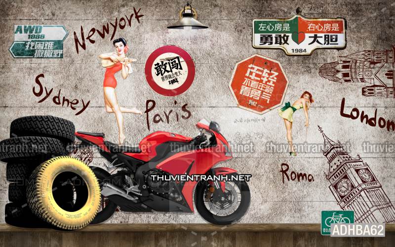 Tranh 3D xe motor cổ, tranh tường 3D - Tranh tường chất lượng cao
