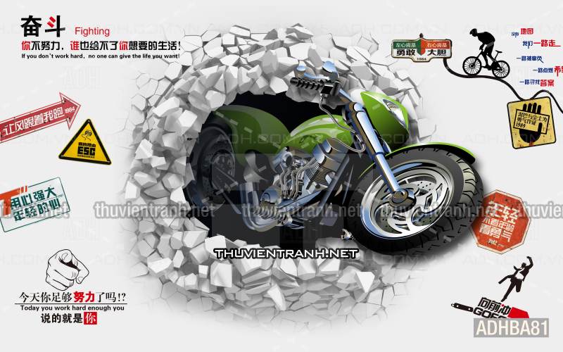 Tranh 3D xe motor cổ, tranh tường 3D - Tranh tường chất lượng cao