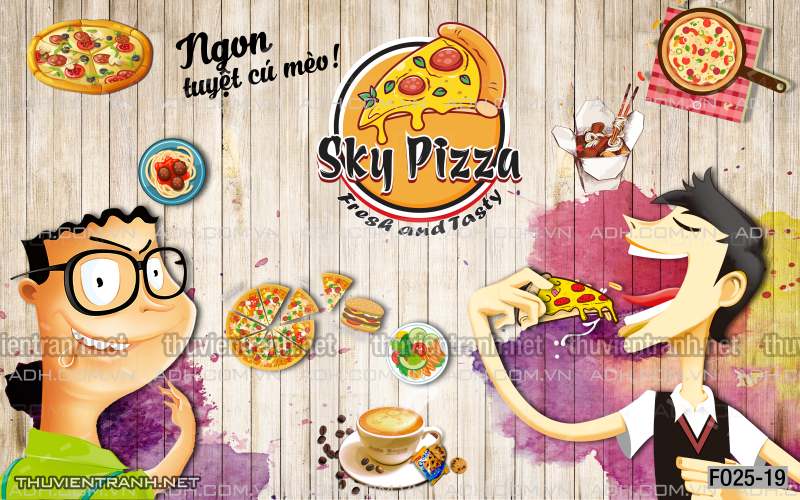 Tranh dán tường quán Ăn vặt, Piza, Gà chiên, trà chanh - Tranh tường chất lượng cao