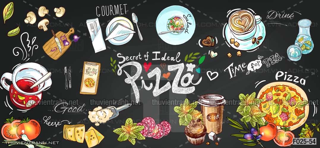 Tranh dán tường quán Ăn vặt, Piza, Gà chiên, trà chanh - Tranh tường chất lượng cao
