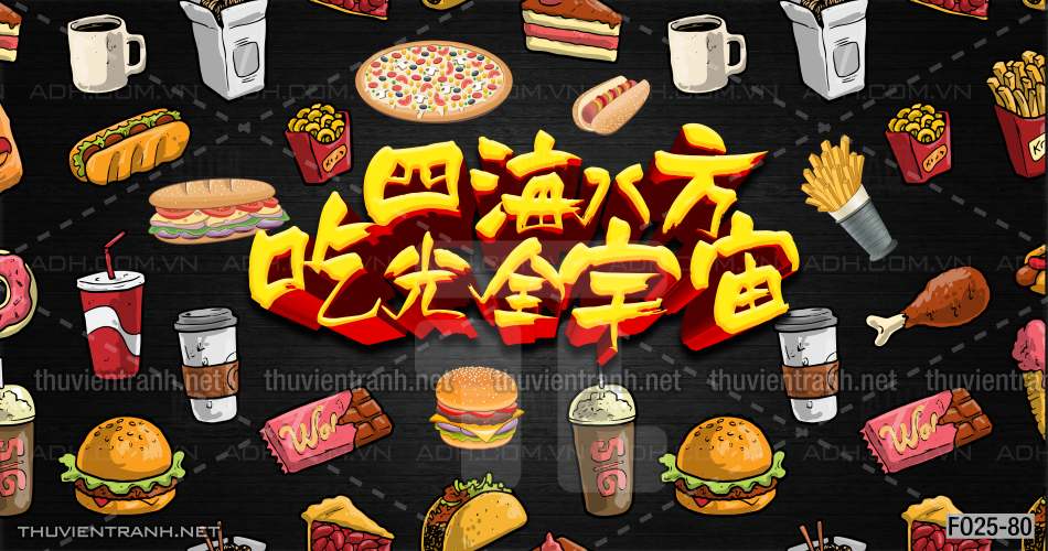 Tranh dán tường quán Ăn vặt, Piza, Gà chiên, trà chanh - Tranh tường chất lượng cao