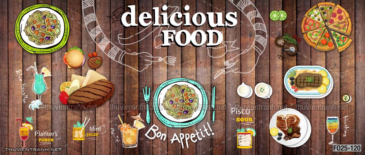 Tranh dán tường quán Ăn vặt, Piza, Gà chiên, trà chanh - Tranh tường chất lượng cao