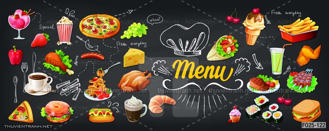 Tranh dán tường quán Ăn vặt, Piza, Gà chiên, trà chanh - Tranh tường chất lượng cao