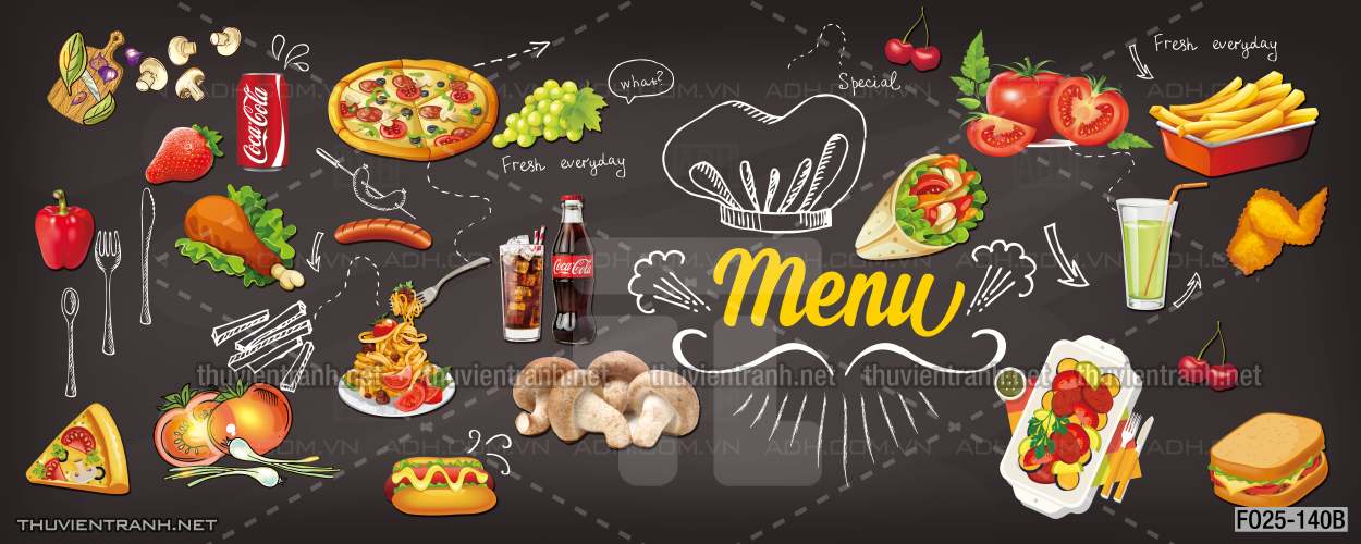 Tranh dán tường quán Ăn vặt, Piza, Gà chiên, trà chanh - Tranh tường chất lượng cao