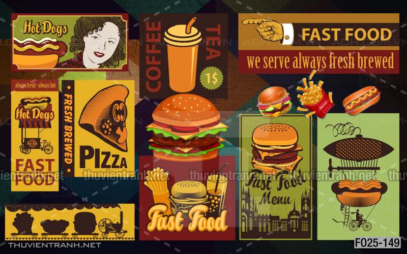 Tranh dán tường quán Ăn vặt, Piza, Gà chiên, trà chanh - Tranh tường chất lượng cao
