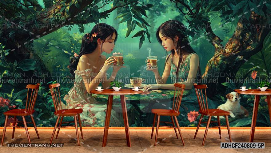  Tranh dán tường Cafe, tranh dán tường cô gái uống cafe - Tranh tường chất lượng cao
